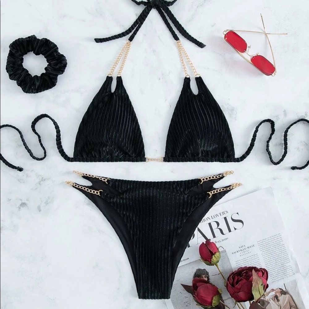 SHEIN Velvet Chain Linked Halter Bikini Swimsuit
